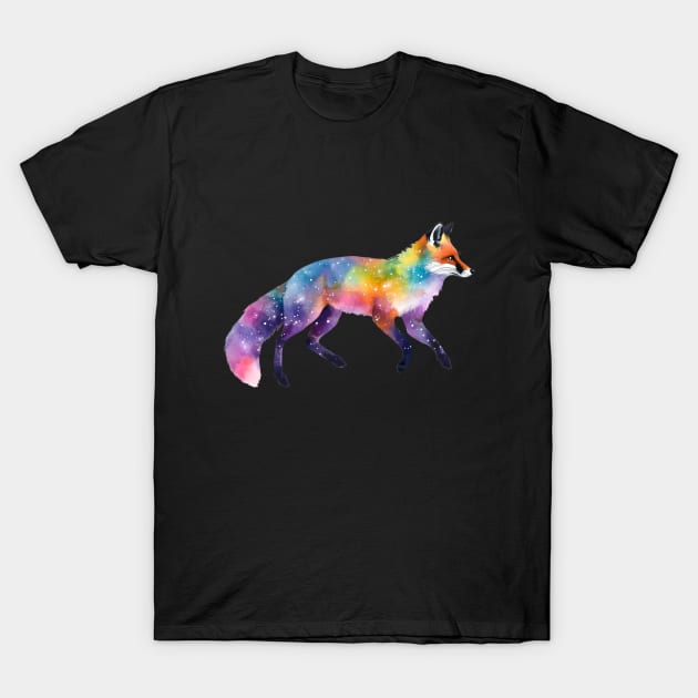 Watercolor Rainbow Galaxy Fox V2 T-Shirt by CraftyVixen